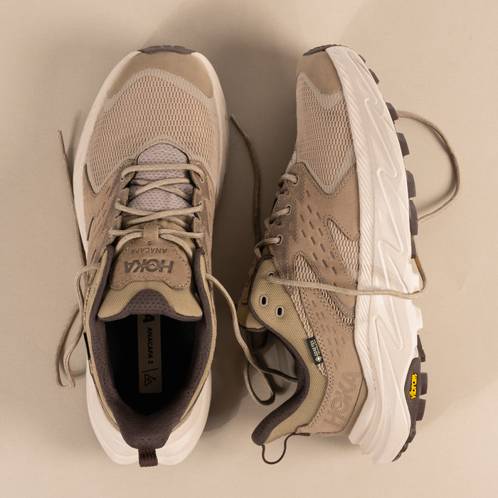 Overhead view of the Men's HOKA Anacapa 2 Low GTX Waterproof Hiking Shoe in Dune Nubuck Leather