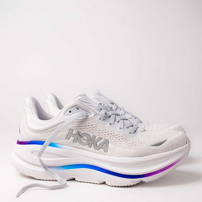 Side profile of Women's HOKA Bondi 9 Running Shoe in Cosmic Grey/White