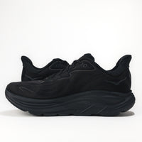 Black running shoes on a white background. 
Men's HOKA Clifton 10 Lightweight Running Shoe in All Black