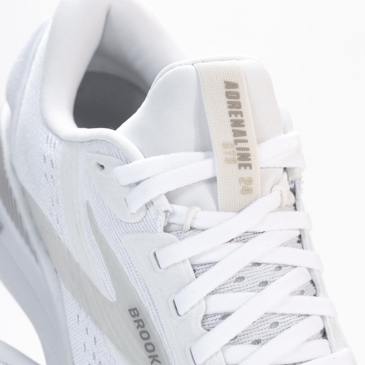 Close-up of laces on the women's Brooks Adrenaline GTS 24, emphasizing the snug, secure fit of the running shoe.