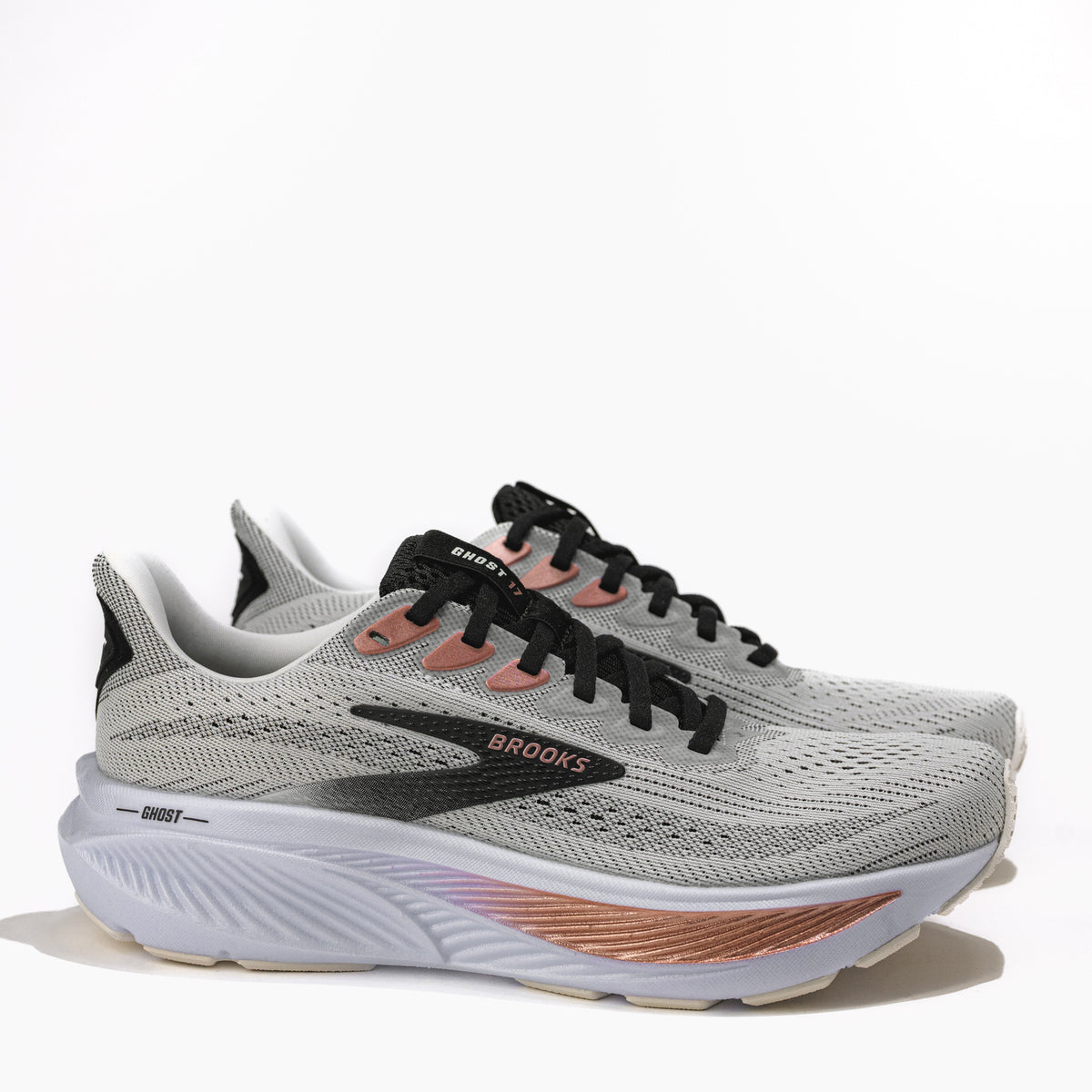 Women’s Brooks Ghost 17 Road‑Running Shoe in White/Black/Rose Gold