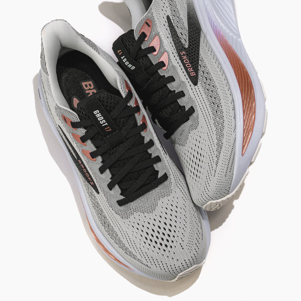 Women’s Brooks Ghost 17 Road‑Running Shoe in White/Black/Rose Gold