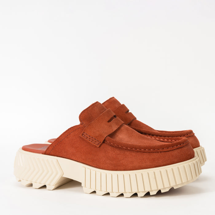 Durable and Stylish Loafers. The SOREL ONA AVE LOAFER is perfect for anywhere, anytime. Durable, lightweight grip with classic slip-on clog styling. Waterproof materials. Available in full grain leather and suede. Synthetic lining. Fall fashion color Orange Sanguine for women. Find us at Plaza Shoe Store in Springfield, MO.