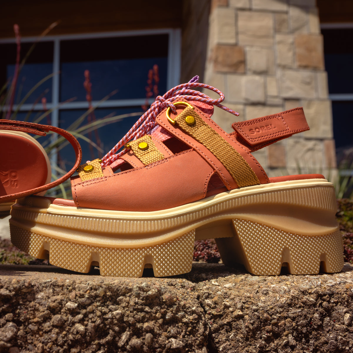 Women's SOREL Rein™ CB Lace Platform Sandal in Tuscan/Gum 16 Leather