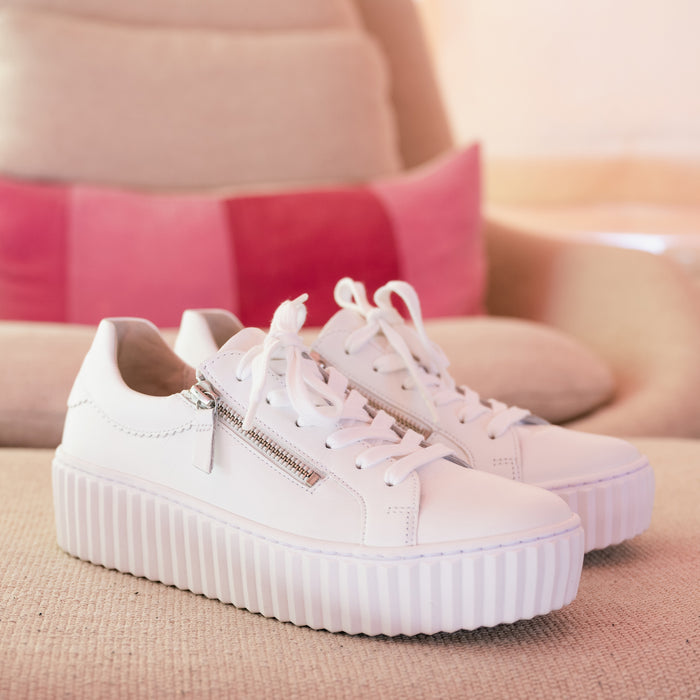 Women's Gabor Side Zip Platform Leather Sneaker in White Leather