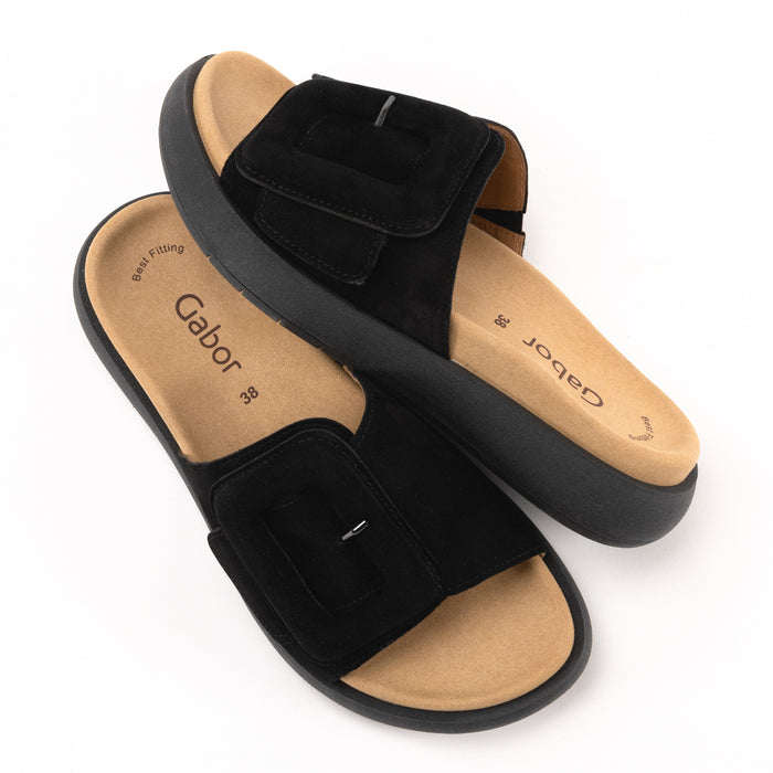 Women's Gabor Buckle Slide in Black Nubuck Leather