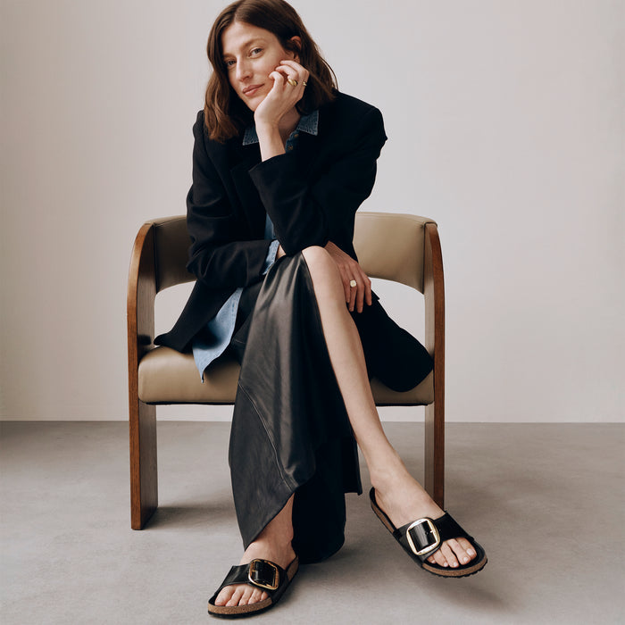 Birkenstock Madrid Big Buckle Slide in Black High-Shine Patent Leather