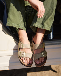 Birkenstock Arizona Sandal in Shimmering Taupe Suede.
Birkenstock Arizona sandal, shimmering taupe suede, iconic two-strap sandal, women’s comfort sandals, cork footbed sandals.