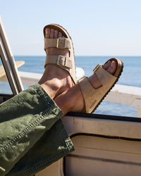 Birkenstock Arizona Sandal in Shimmering Taupe Suede.
Birkenstock Arizona sandal, shimmering taupe suede, iconic two-strap sandal, women’s comfort sandals, cork footbed sandals.