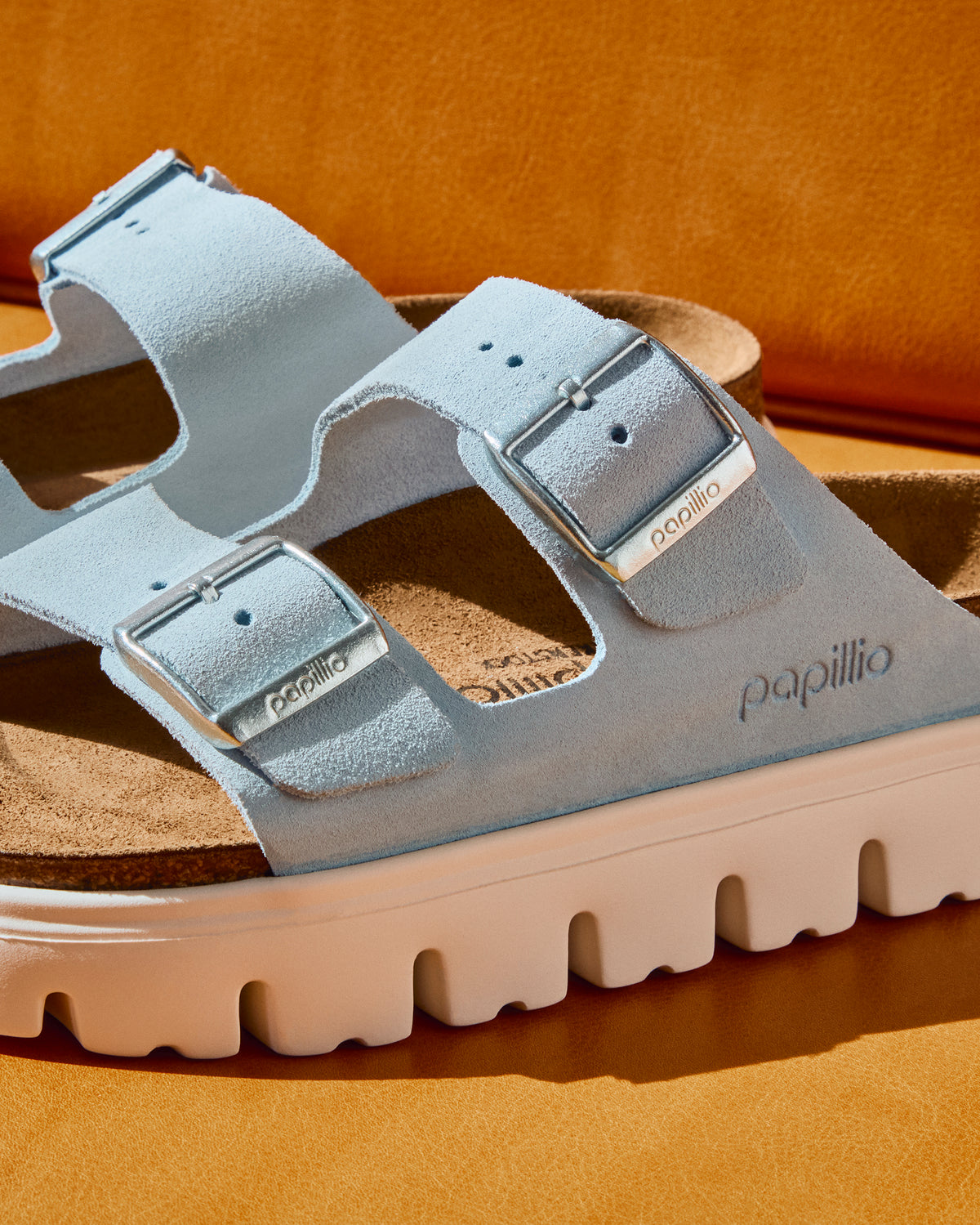 Birkenstock Arizona Chunky Platform Sandal in Baby Blue Suede