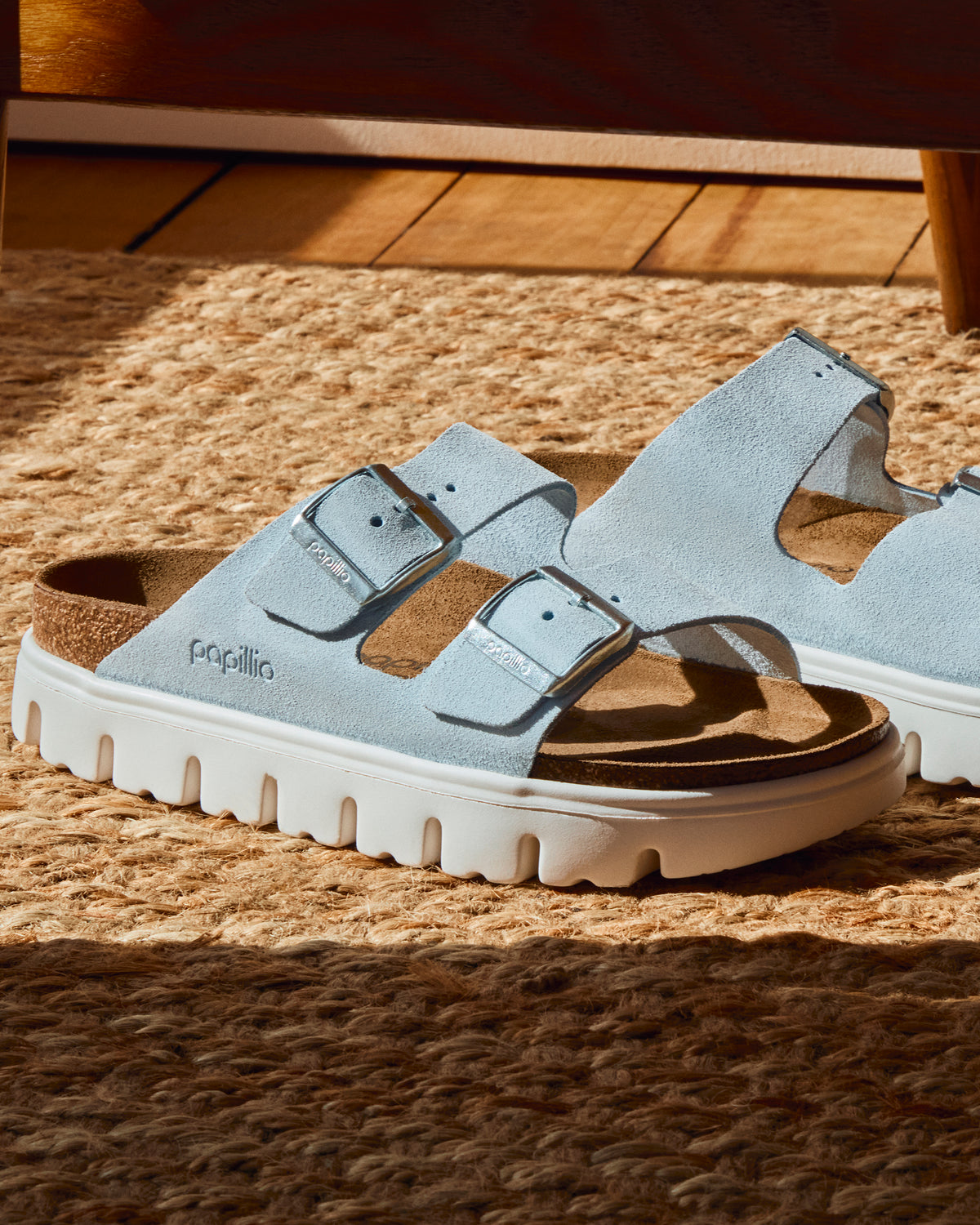 Birkenstock Arizona Chunky Platform Sandal in Baby Blue Suede