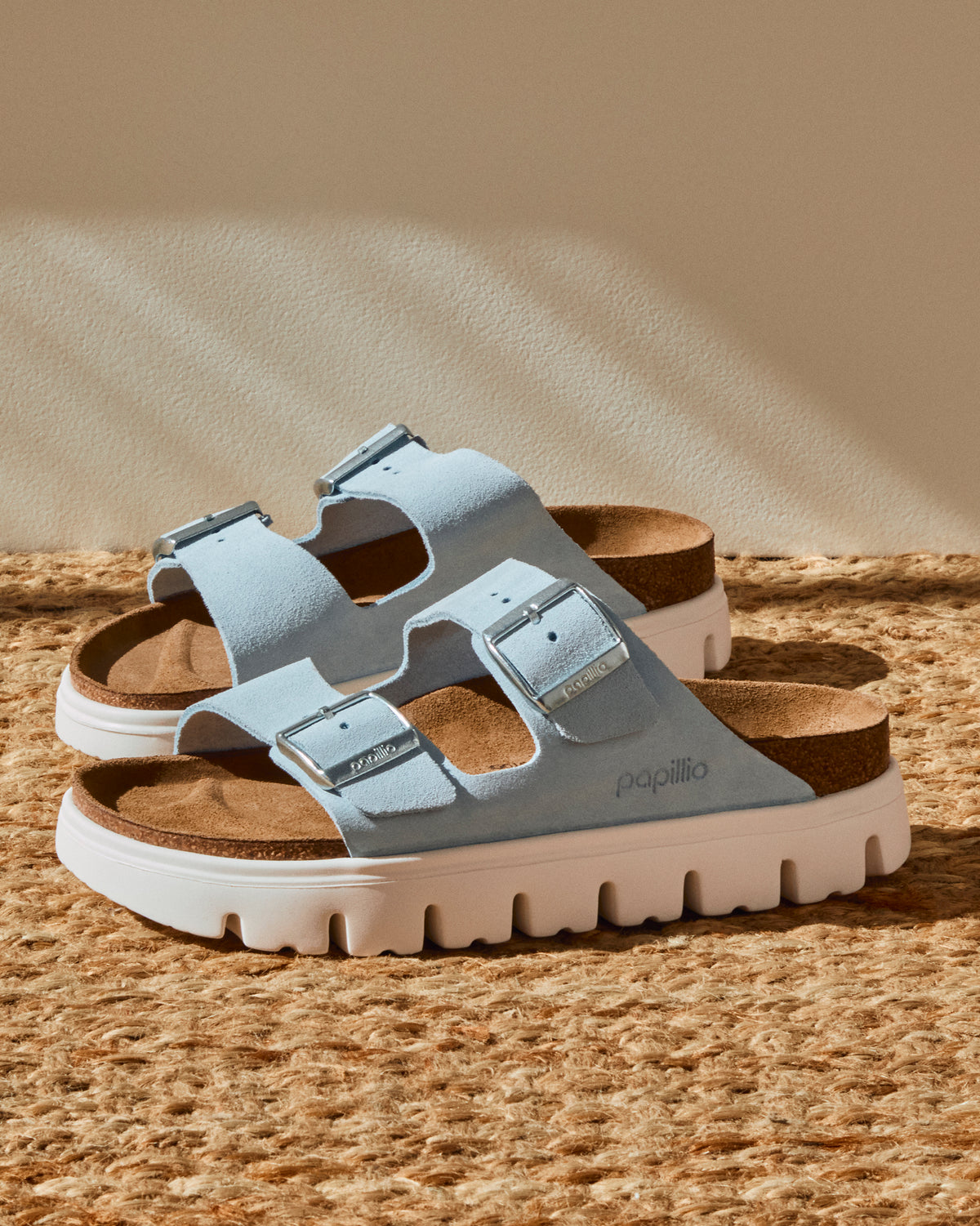 Birkenstock Arizona Chunky Platform Sandal in Baby Blue Suede