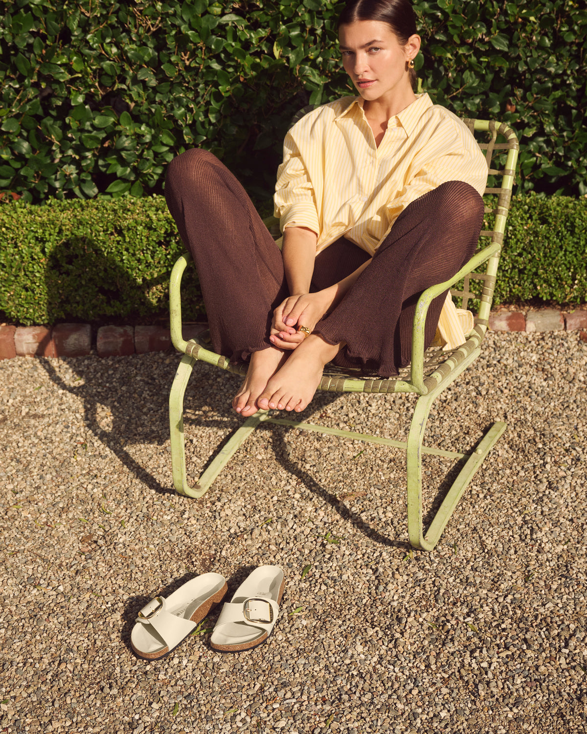 Birkenstock Madrid Big Buckle in Ecru High-Shine Leather and Golden Hardware