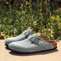 Women's Birkenstock Boston Soft Clog in Pure Sage Suede Leather