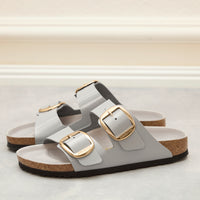 Birkenstock Arizona Big Buckle in Stone Coin Gray Natural High-Shine Leather Patent and golden buckle detail