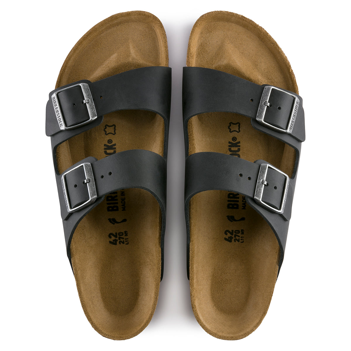 Overhead view of the two-strap adjustable buckle Birkenstock Arizona Sandal in Black Oil Leather, unisex sizing.
