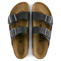Overhead view of the two-strap adjustable buckle Birkenstock Arizona Sandal in Black Oil Leather, unisex sizing.