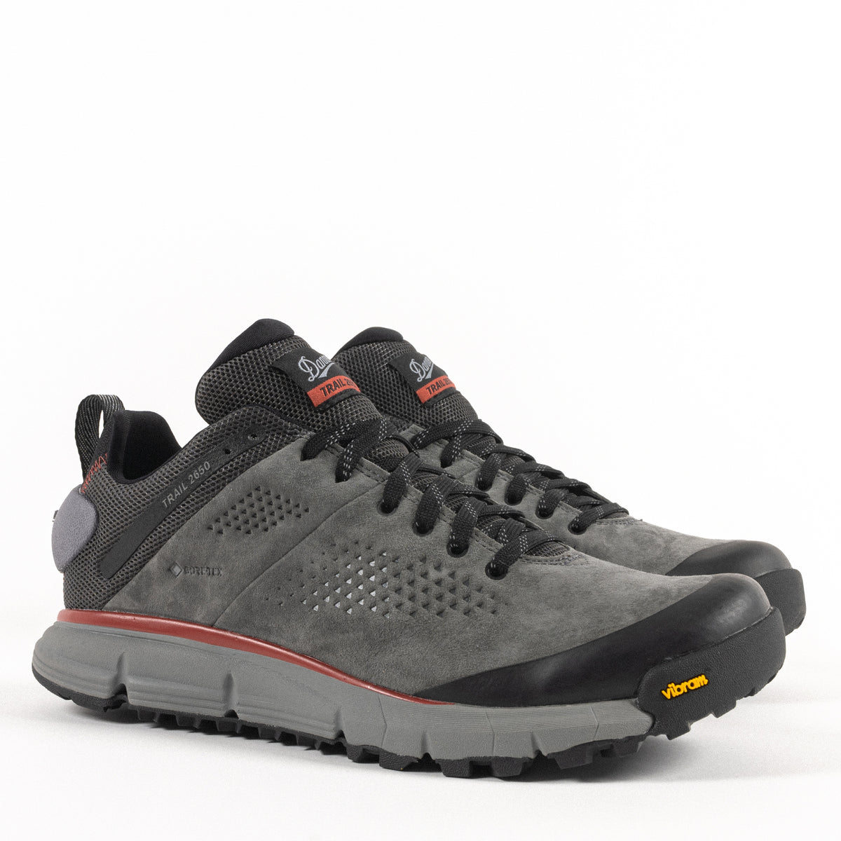 GORE-TEX Waterproof upper detail view of the Men's Danner Trail 2650 GTX Waterproof Hiking Shoe in Dark Gray Suede Leather