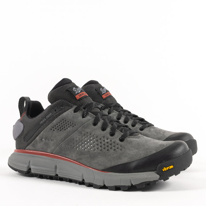 GORE-TEX Waterproof upper detail view of the Men's Danner Trail 2650 GTX Waterproof Hiking Shoe in Dark Gray Suede Leather