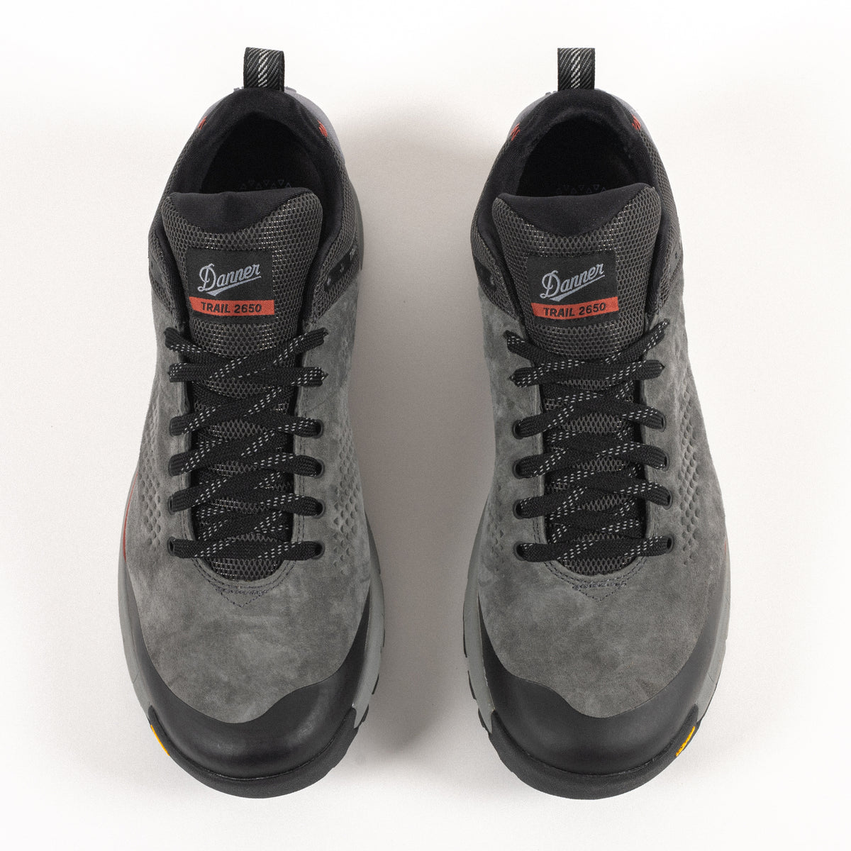 Overhead lace detail on the Men's Danner Trail 2650 GTX Waterproof Hiking Shoe in Dark Gray Suede Leather