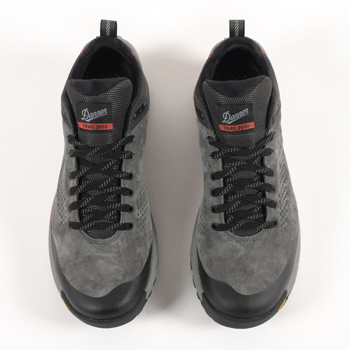 Overhead lace detail on the Men's Danner Trail 2650 GTX Waterproof Hiking Shoe in Dark Gray Suede Leather