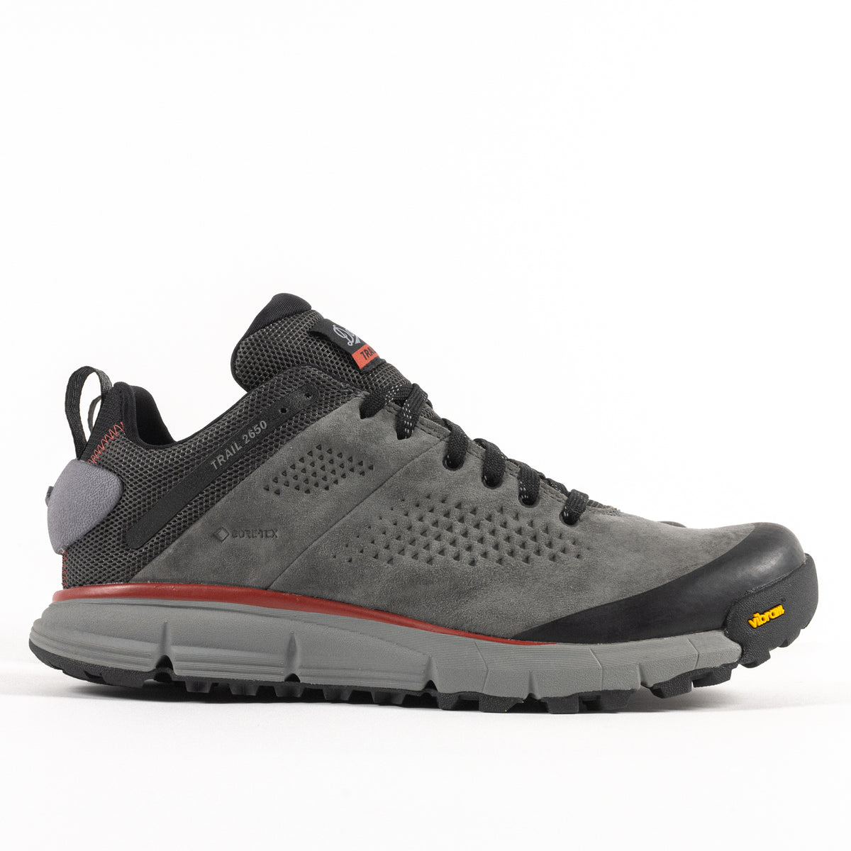 Side profile view of the GORE-TEX waterproof upper on the Men's Danner Trail 2650 GTX Waterproof Hiking Shoe in Dark Gray Suede Leather