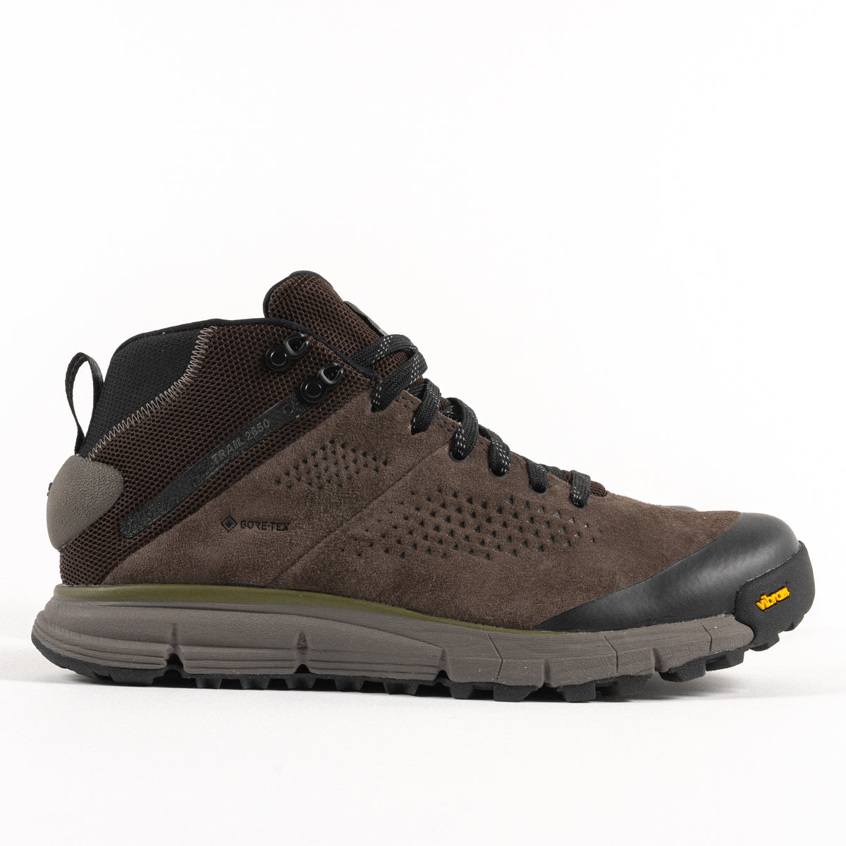 Side profile and GORE-TEX detail view of the Men's Danner Trail 2650 GTX Waterproof Hiking Boot in Brown Suede Leather