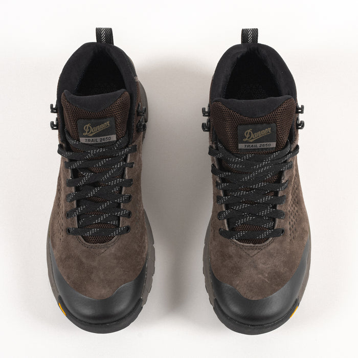 Overhead lace detail on the Men's Danner Trail 2650 GTX Waterproof Hiking Boot in Brown Suede Leather