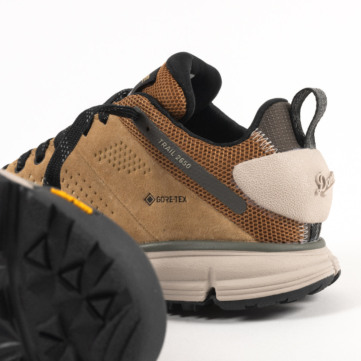 Heel detail and GORE-TEX stamp on the Women's Danner Trail 2650 GTX Waterproof Hiking Shoe in Prairie Nubuck Leather