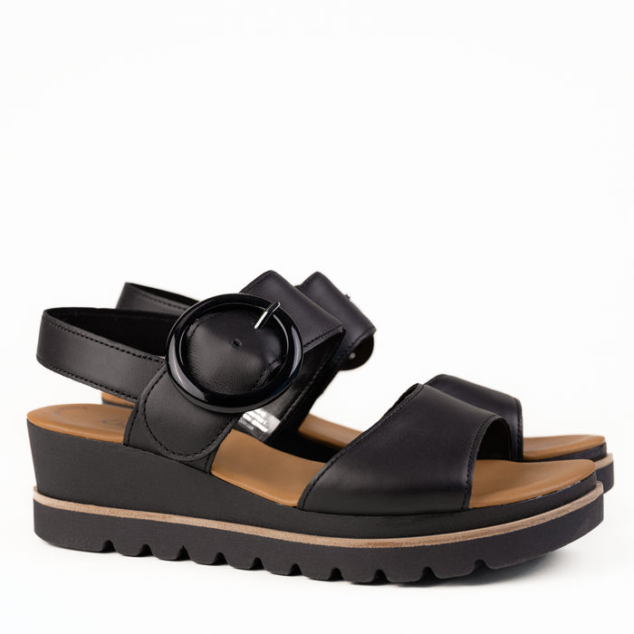 Women's Gabor Buckle Wedge Sandal in Black Leather