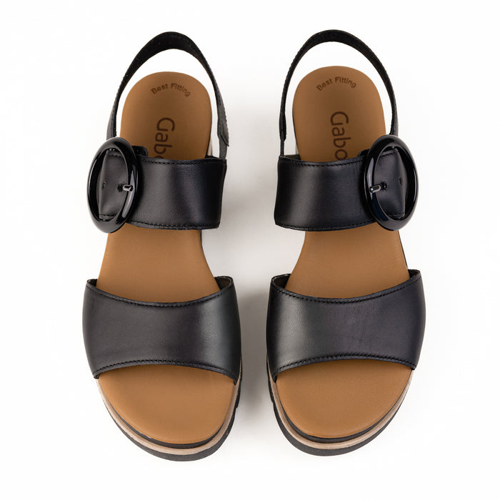 Women's Gabor Buckle Wedge Sandal in Black Leather
