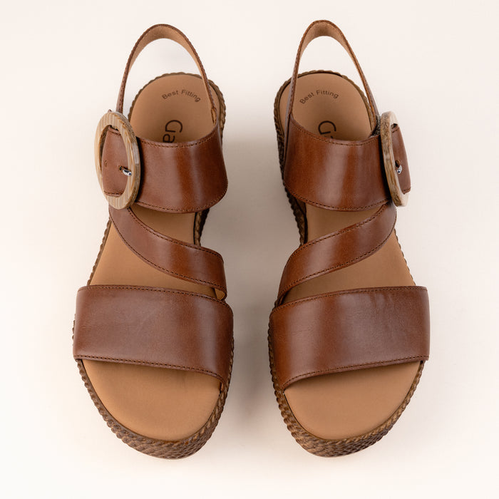Women's Gabor Higher Buckle Wedge Sandal 64.770 in Tan/Cognac Leather, Drama