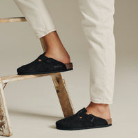 Birkenstock Boston Soft clog in Black Suede, featuring premium suede leather for all-day comfort. Classic slip-on style with soft footbed support, ideal for casual wear, gardening, or daily errands. Durable, lightweight, and built for long-lasting use, perfect for men and women seeking comfort and trendiness in footwear.