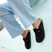 Birkenstock Boston Soft clog in Black Suede, featuring premium suede leather for all-day comfort. Classic slip-on style with soft footbed support, ideal for casual wear, gardening, or daily errands. Durable, lightweight, and built for long-lasting use, perfect for men and women seeking comfort and trendiness in footwear.