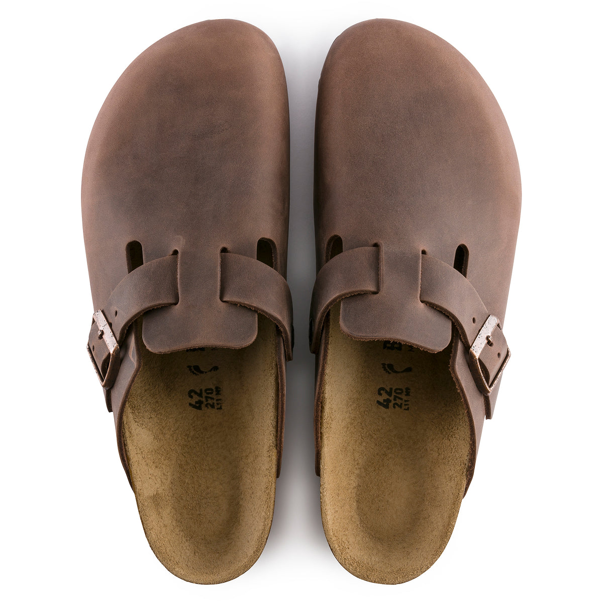 Overhead detail view of the Birkenstock Boston Clog in Habana Oiled Leather a Unisex slip-on clog with an adjustable strap for the perfect fit.
