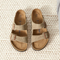 Overhead image of Birkenstock Arizona sandal in Taupe suede with adjustable straps and soft footbed