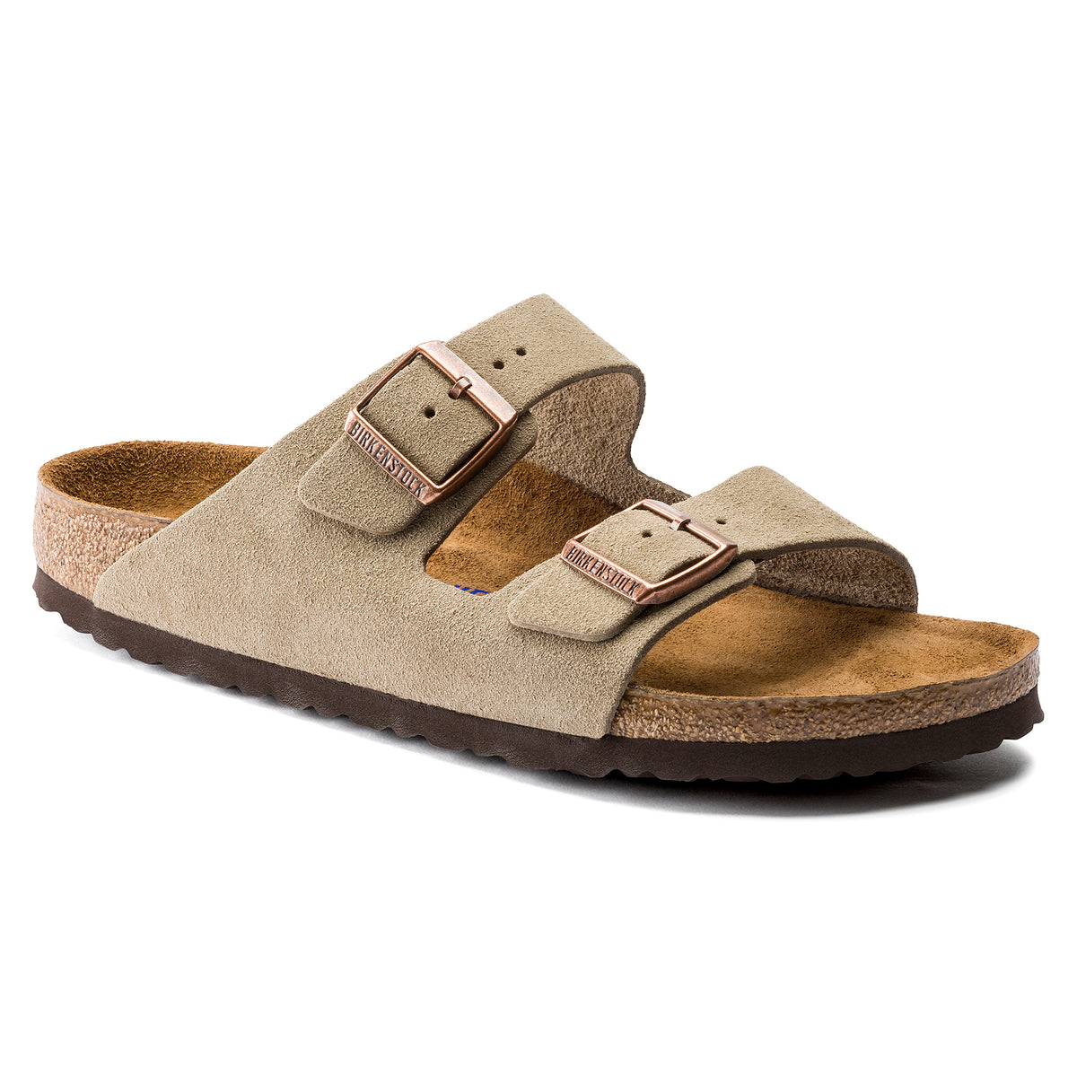Front view of Birkenstock Arizona Soft Footbed Sandal in Taupe suede for men and women