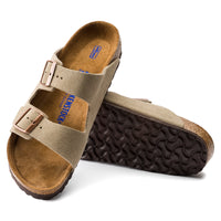 Side and bottom view of Birkenstock Arizona Taupe suede sandal showing contoured footbed and EVA sole
