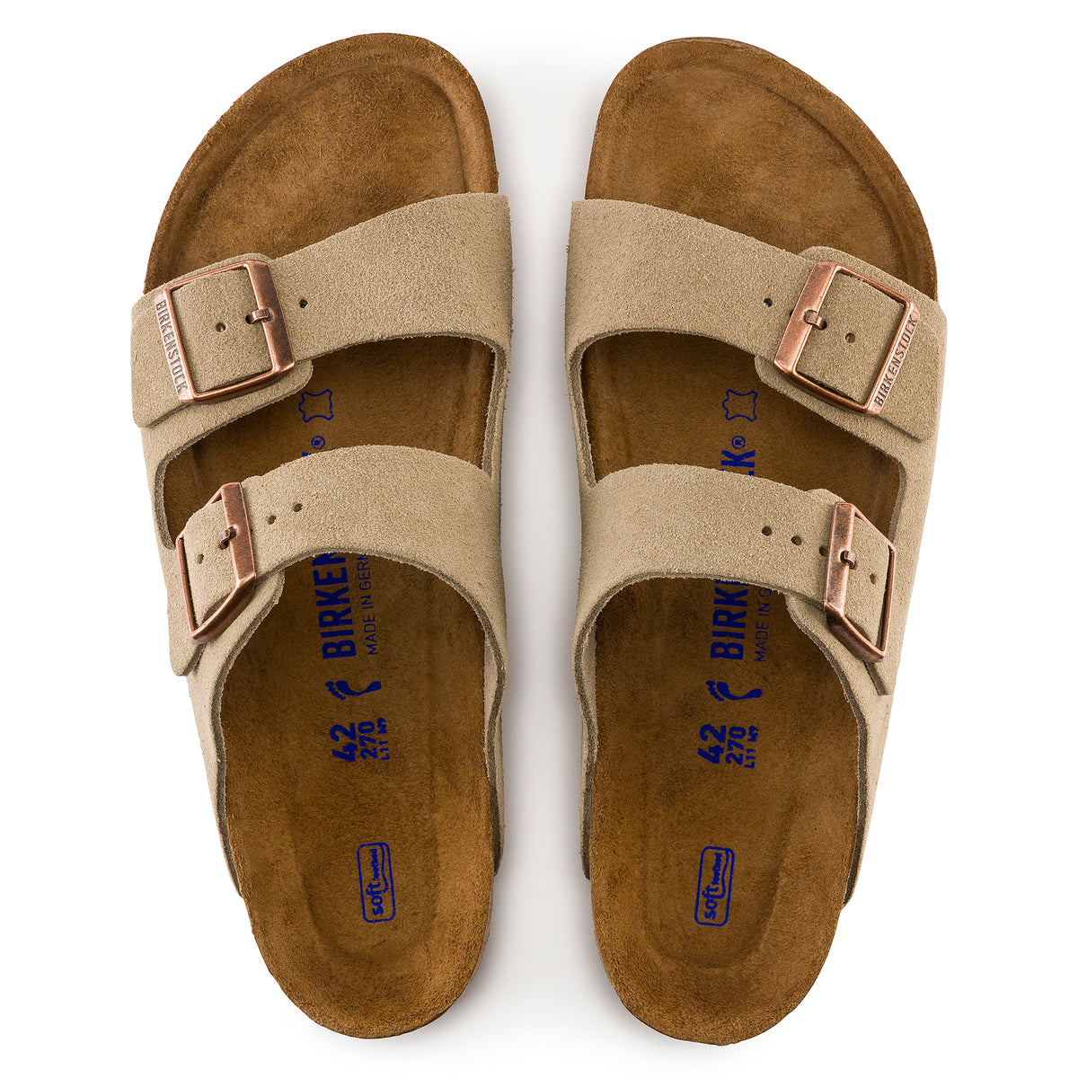 Overhead image of Arizona sandal in Taupe suede with adjustable straps and soft footbed.