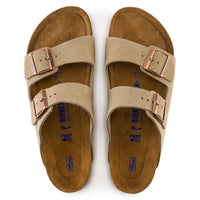 Overhead image of Arizona sandal in Taupe suede with adjustable straps and soft footbed.