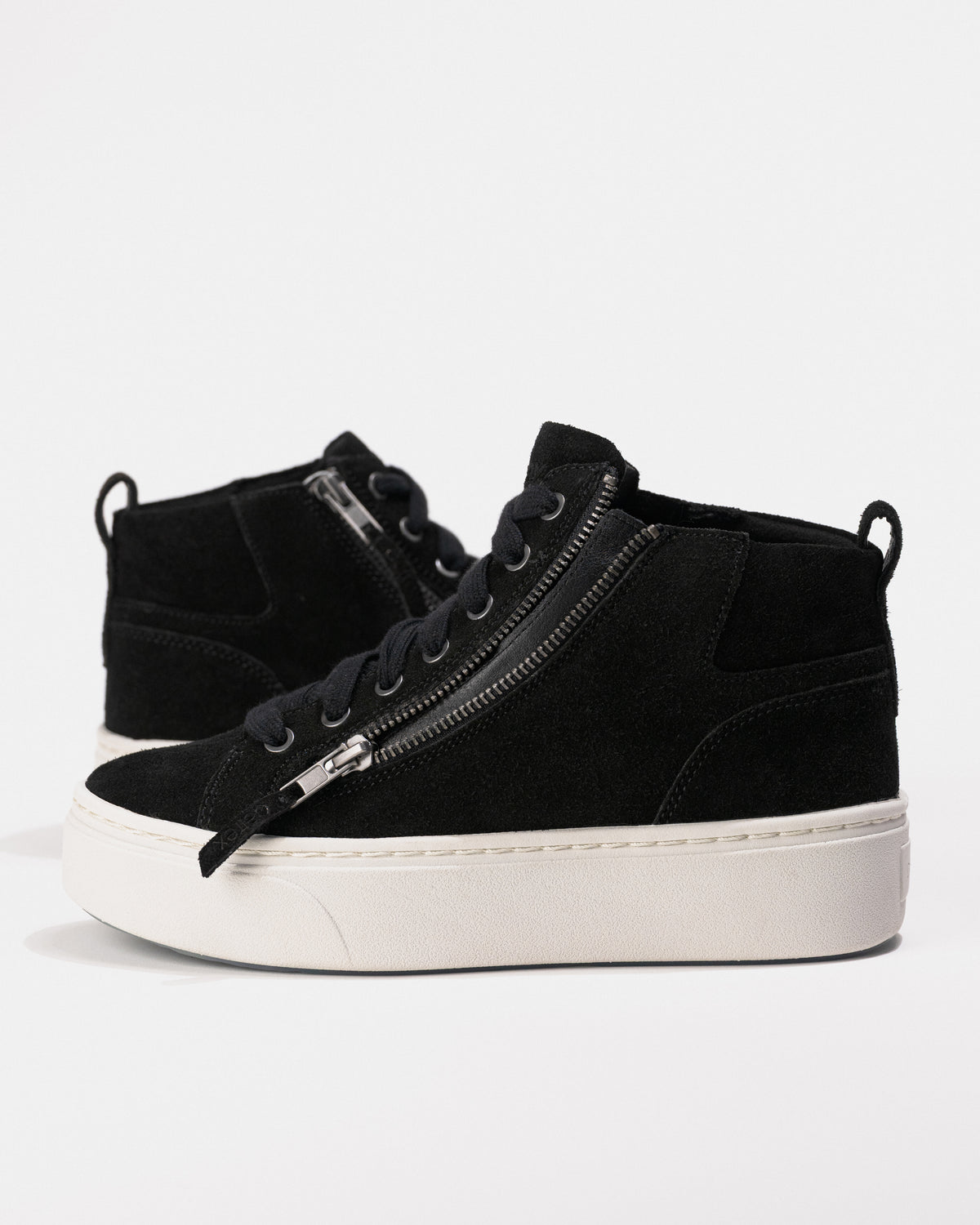 Zip detail of the Women's Aetrex Gianna Arch Support Platform Sneaker in Black Suede Leather