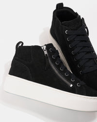 Women's Aetrex Gianna Arch Support Platform Sneaker in Black Suede Leather zipper and lace detail