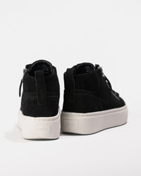 Heel view of the Women's Aetrex Gianna Arch Support Platform Sneaker in Black Suede Leather