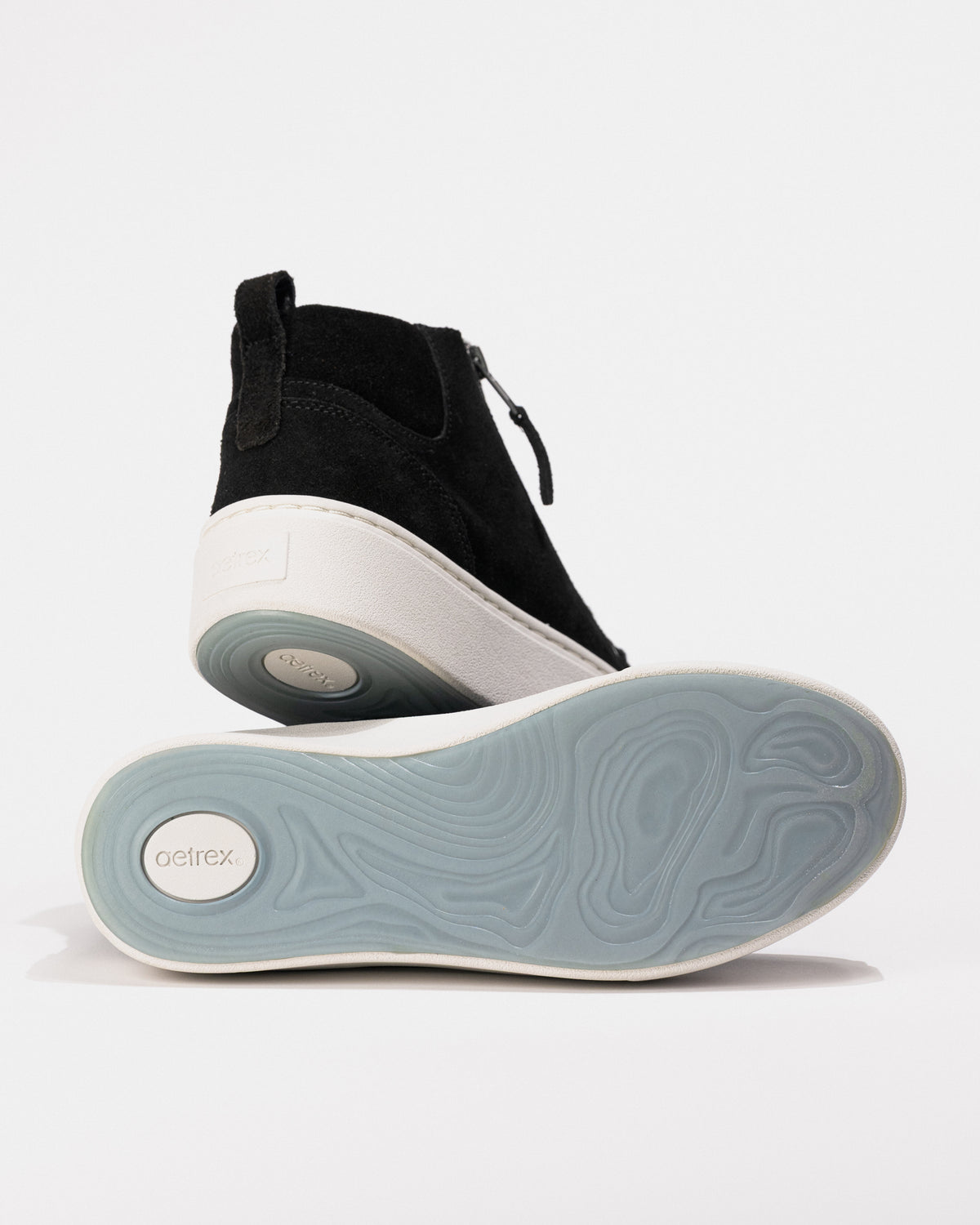 Outsole view of the Women's Aetrex Gianna Arch Support Platform Sneaker in Black Suede Leather