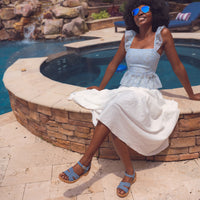 Women's Sofft Capri Sandal in Blue Denim Print Italian Suede