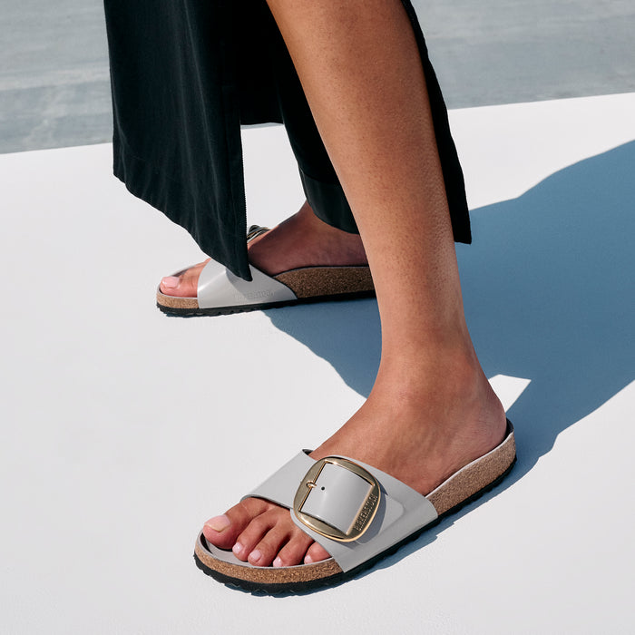 Birkenstock Madrid Big Buckle in Stone Coin Gray Natural High-Shine Leather Patent