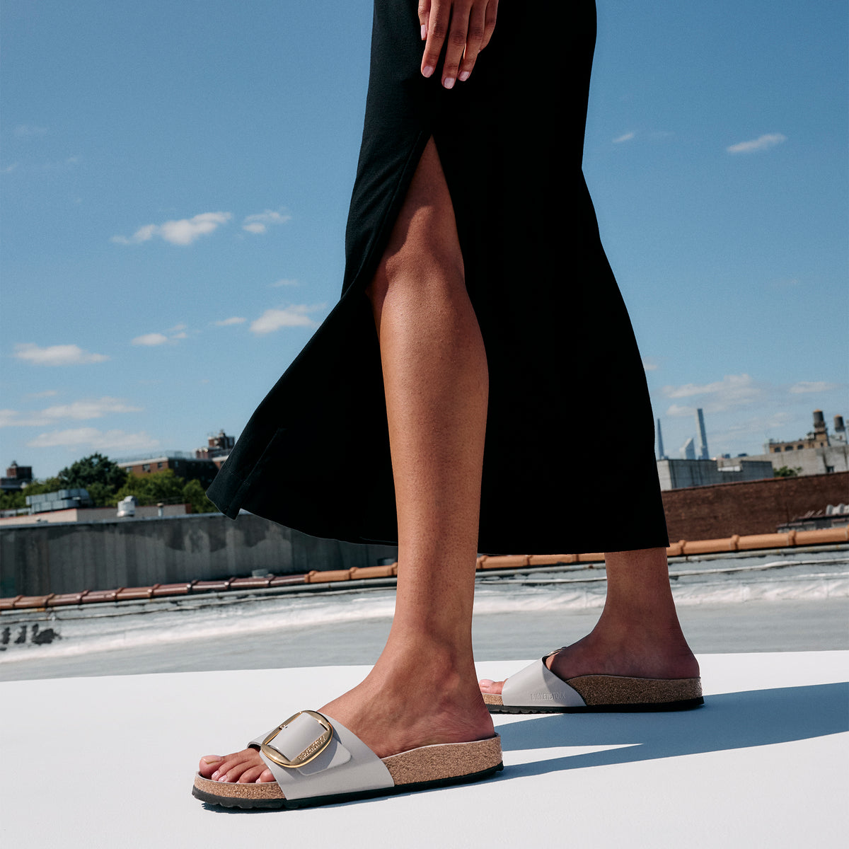 Birkenstock Madrid Big Buckle in Stone Coin Gray Natural High-Shine Leather Patent