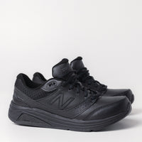 Women's New Balance 928 V3 Walking Shoe in black leather, showcasing the sturdy motion-control design and sleek leather upper.