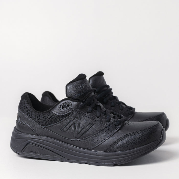 Women's New Balance 928 V3 Walking Shoe in black leather, showcasing the sturdy motion-control design and sleek leather upper.