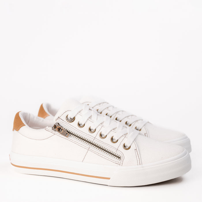 Women's Taos Z-Soul Zipper Sneaker in White/Golden Canvas